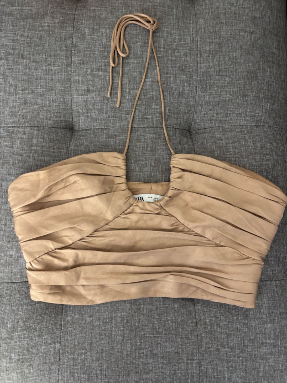 Zara Beige Pleated Spaghetti Strap Blouse
